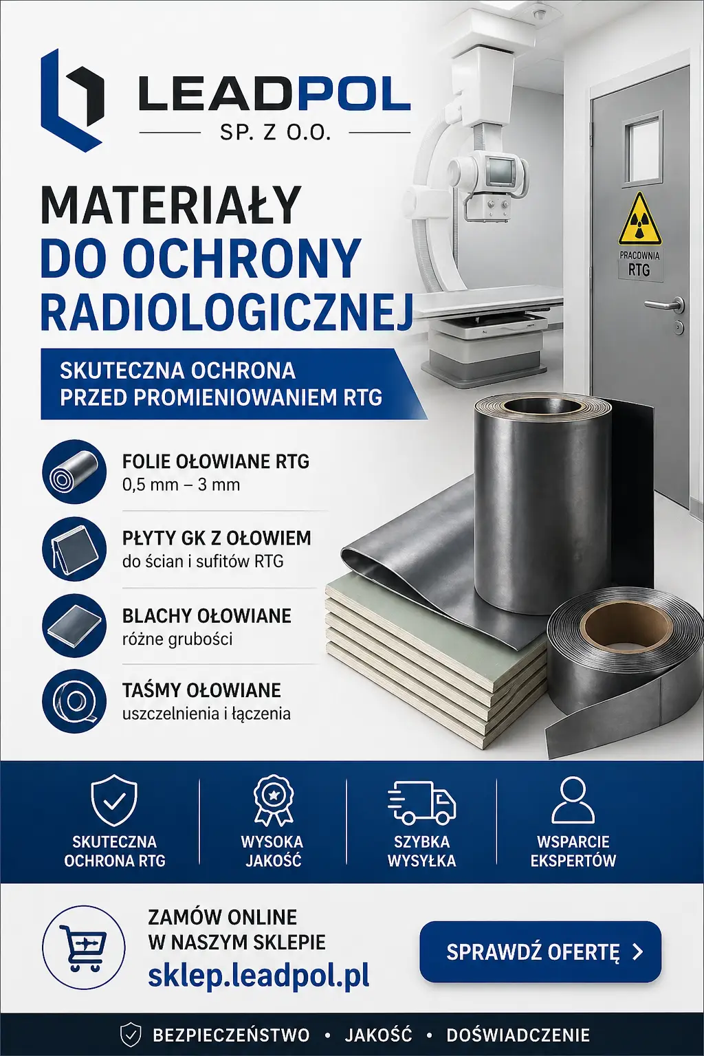 Materiały do ochrony radiologicznej RTG – folie ołowiane, płyty GK z ołowiem i taśmy ołowiane Leadpol